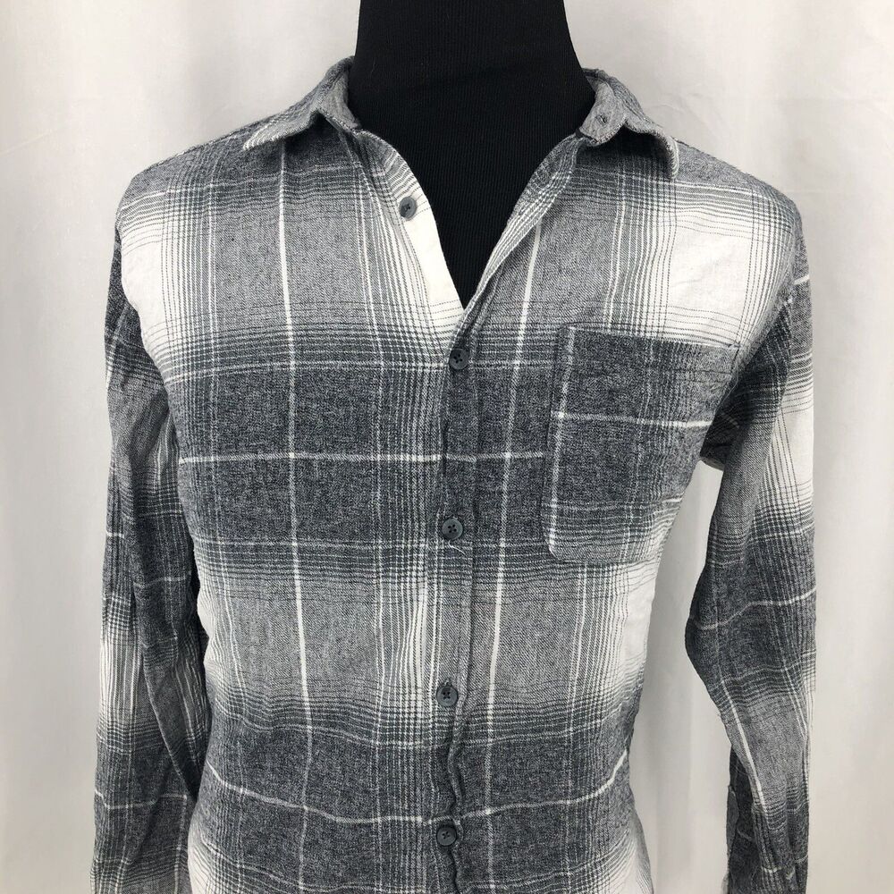 Ocean Current Gray Plaid Flannel Button Front Long Sleeve Shirt Large